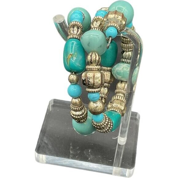 Azteca Native Necklace Gold Silver Tone Turquoise Cabochon Wire Wrap Bracelet - Picture 5 of 6
